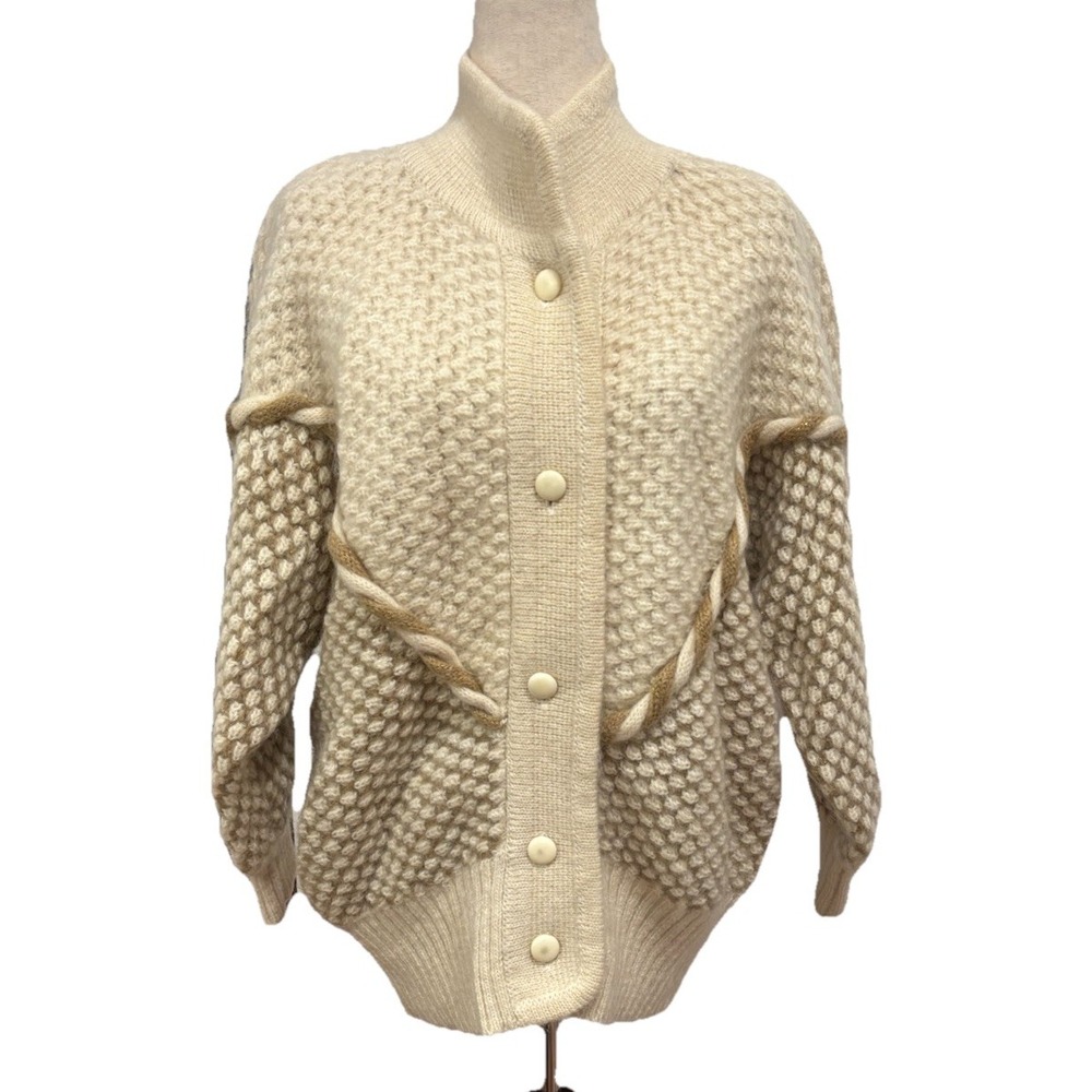 Vtg Sister Knit Cardigan Sweater Jacket Button Chunky Thick Knit Cream Brown OS‎